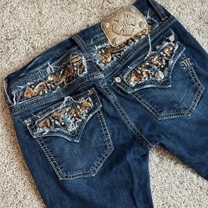 Miss Me Dark Blue Boot Cut Jeans with Gold Accents